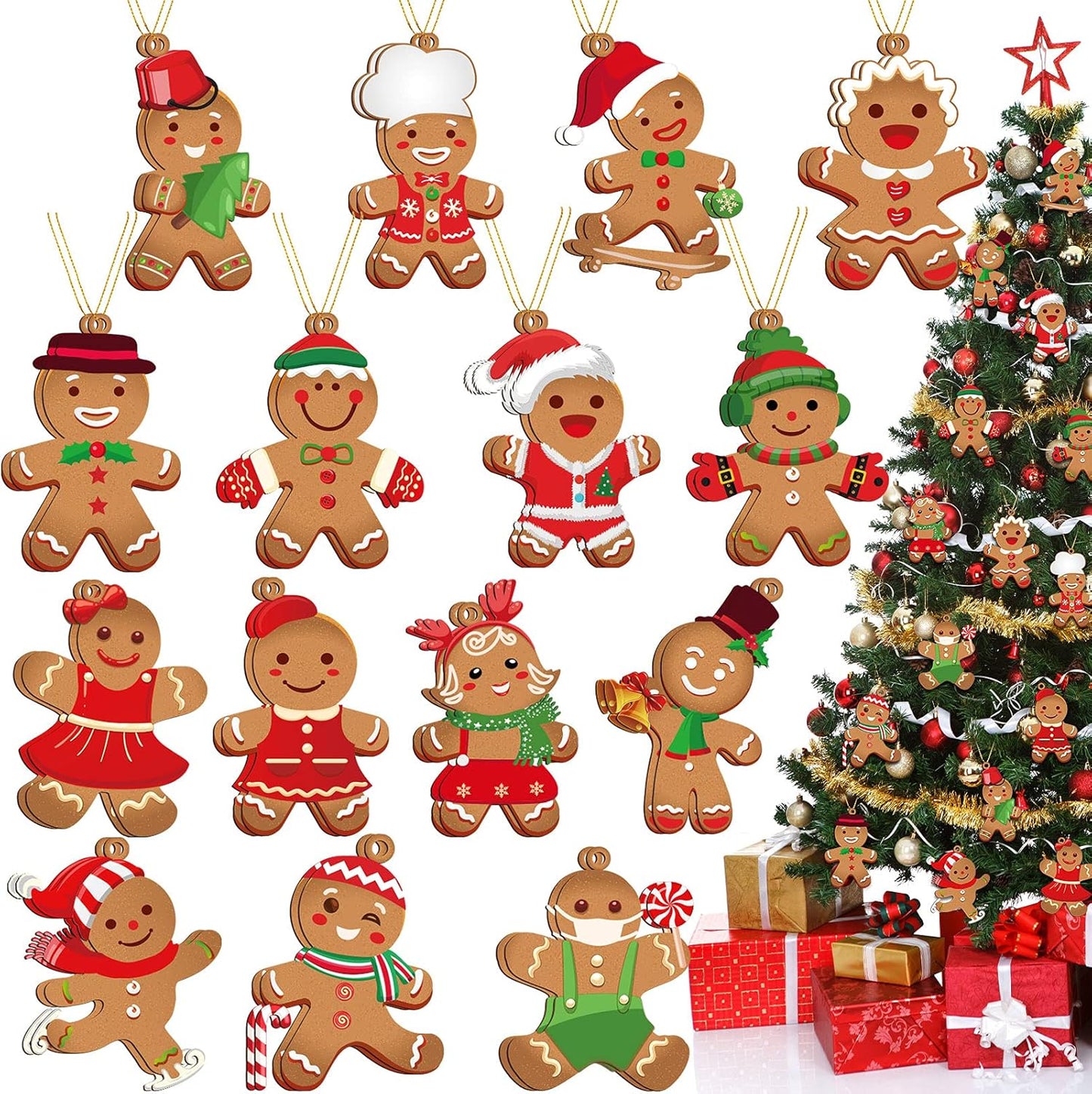 60 Pieces Gingerbread Man for Christmas Tree Gingerbread Kitchen Ornaments Hanging Baking Ornament Cutout Candyland Tree Ornaments for Christmas Party Classroom Decorations (Cute Style)