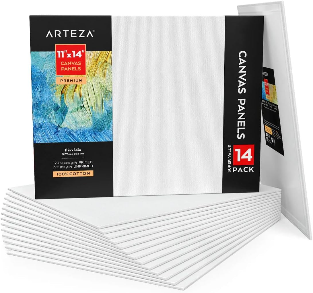 ARTEZA Premium Canvas Boards for Painting, 11 X 14 Inches, Pack of 14, Blank White Canvas Panels for Acrylic, Oil and Gouache Painting
