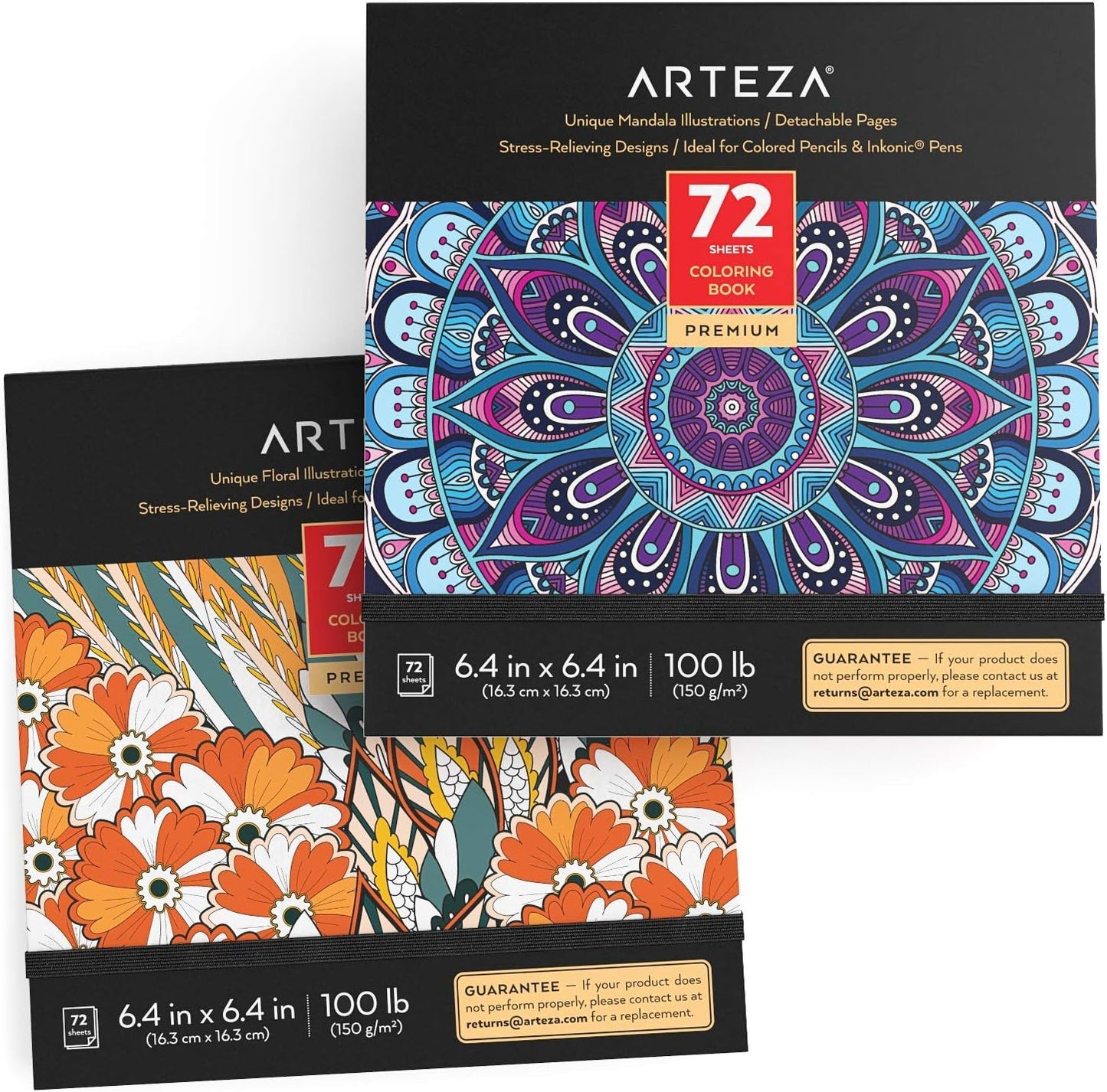 ARTEZA Adult Coloring Books, Floral & Mandala Designs, Pack of 2, 72 Sheets Each, 6.4X6.4 Inches Coloring Pages, 100 Lb Paper