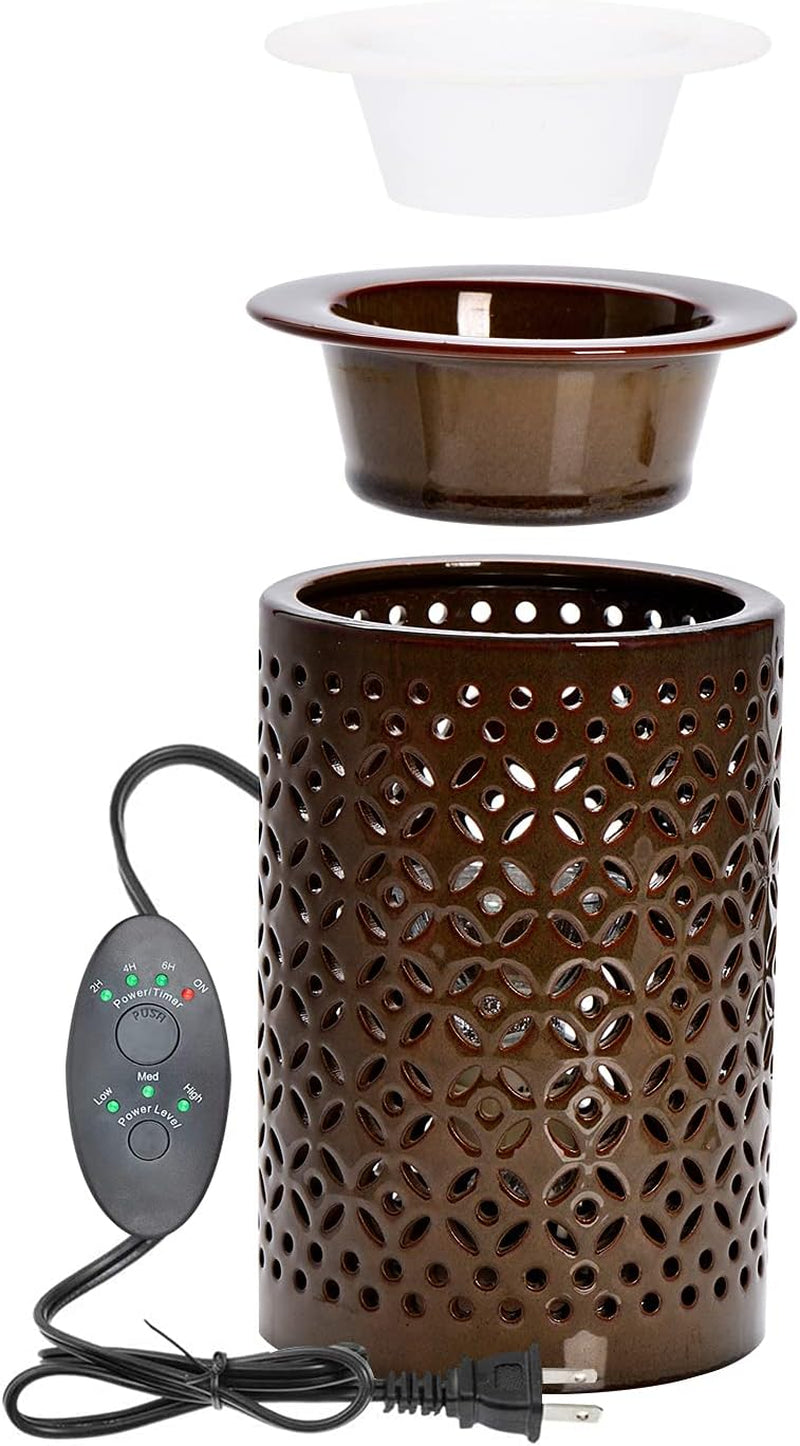 ASAWASA Ceramic Wax Melt Warmer with Timer and Silicone Dish,Candle Wax Warmer for Scented Wax & Essential Oils,Ideal Gift for Home Office Kitchen Long Dark Brown