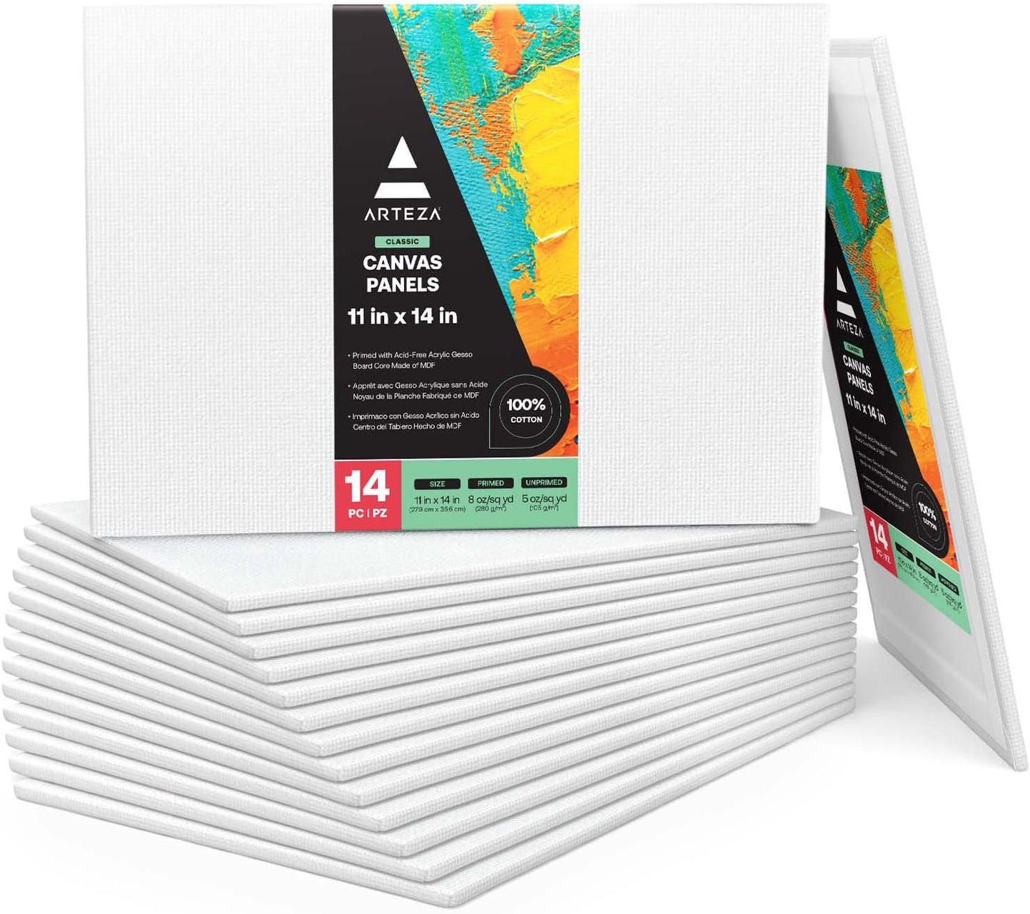 ARTEZA Premium Canvas Boards for Painting, 11 X 14 Inches, Pack of 14, Blank White Canvas Panels for Acrylic, Oil and Gouache Painting