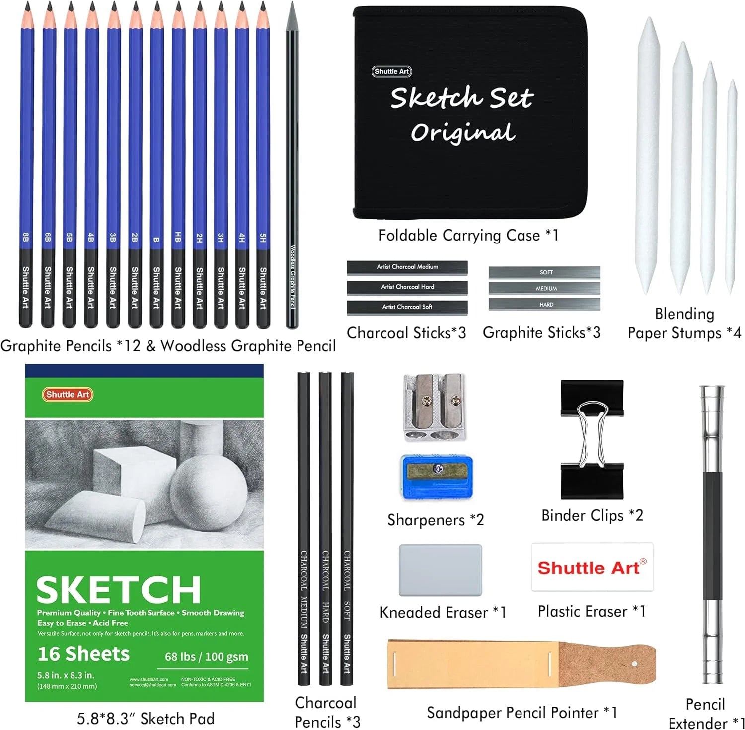Sketching and Drawing Pencils Set, 37-Piece Professional Sketch Pencils Set in Zipper Carry Case, Drawing Kit Art Supplies with Graphite Charcoal Sticks Tool Sketch Book by