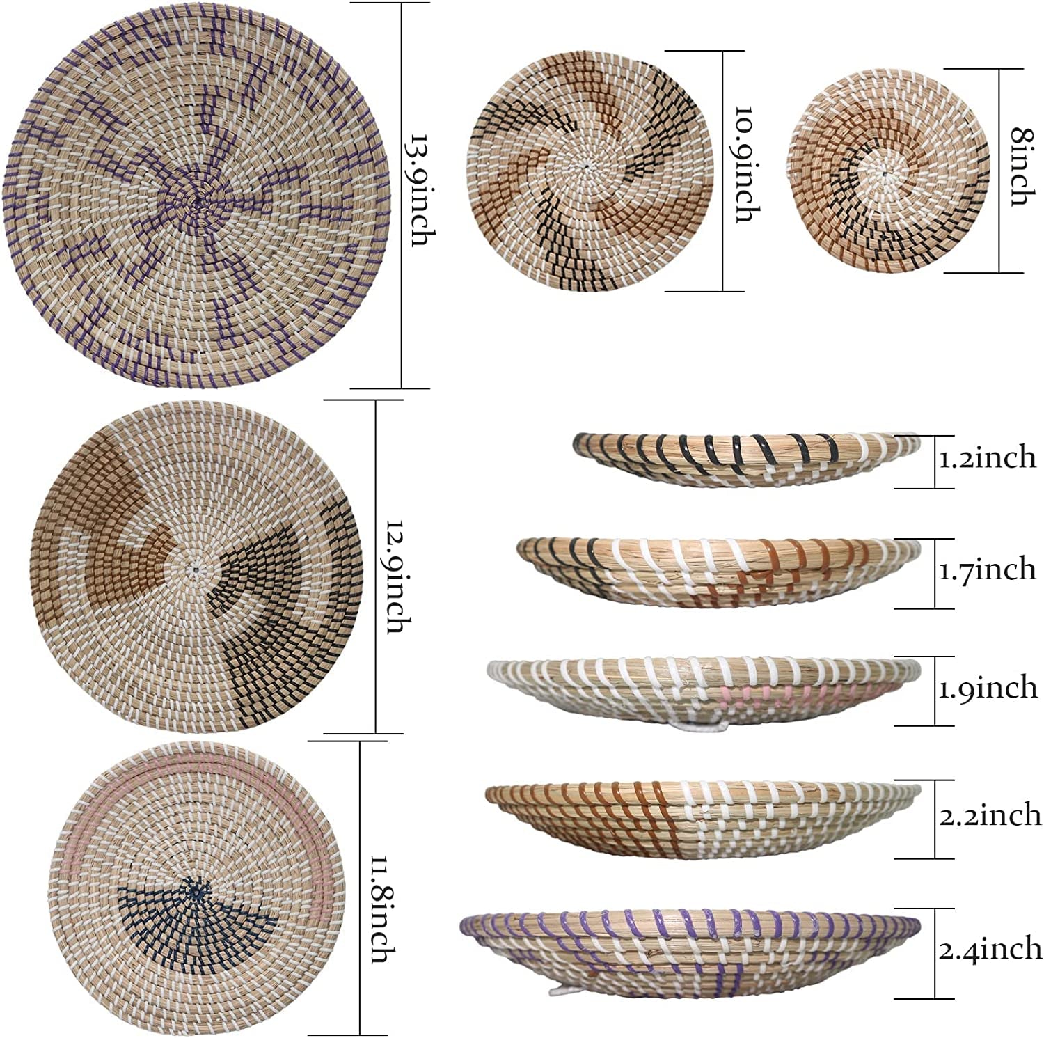 HNHMT Wall Basket Decor, Set of 5 Woven Basket Wall Decor, Handmade Hanging Wall Basket for Living Room or Bedroom, Unique Boho Wall Art.