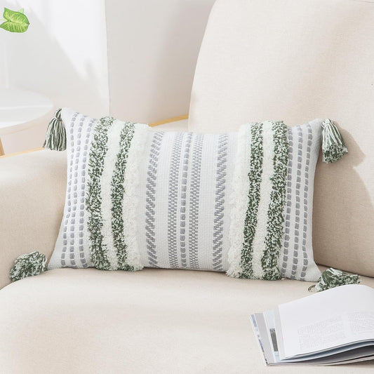Decoruhome Decorative Boho Throw Pillow Cover 12X20, Lumbar Accent Neutral Textured Tufted Pillow Cover Striped for Couch Bed Sofa, Green and Cream White, Pack of 1