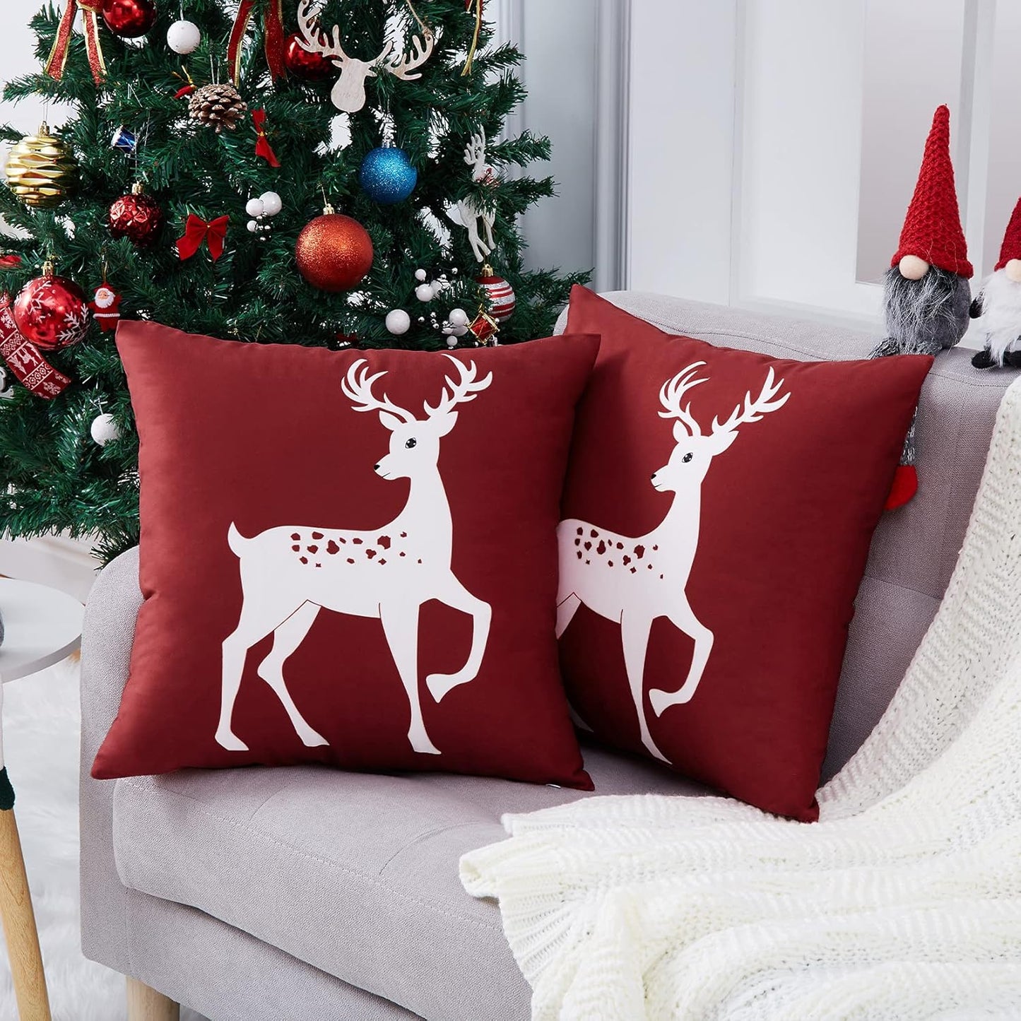CAROMIO Christmas Decorations Pillow Covers 18 X18 Inch Set of 2 Farmhouse Christmas Decor for Bedroom, Deer Rustic Xmas Pillow Case Winter Holiday Decorations Throw Cushion Case for Home Couch, Pink