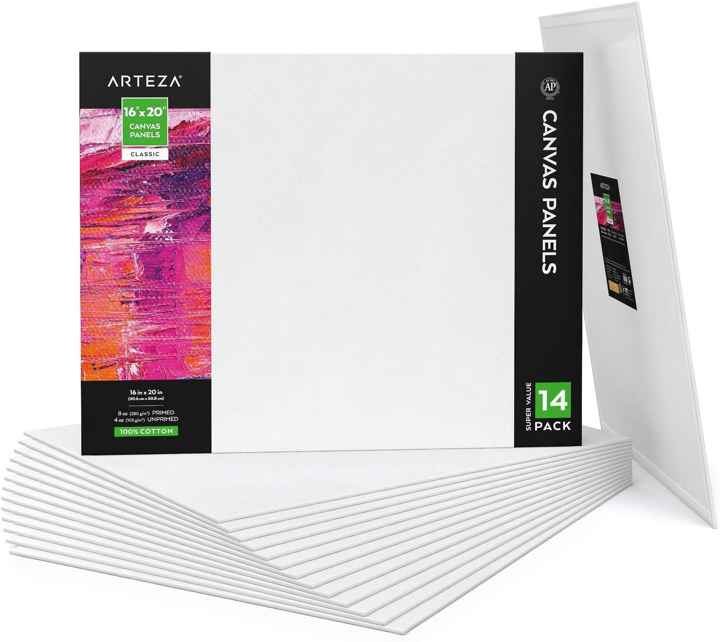 ARTEZA Premium Canvas Boards for Painting, 5 X 7, 8 X 10, 9 X 12, 11 X 14 Inches, Multipack of 28, White Canvas for Acrylic, Oil and Gouache Painting