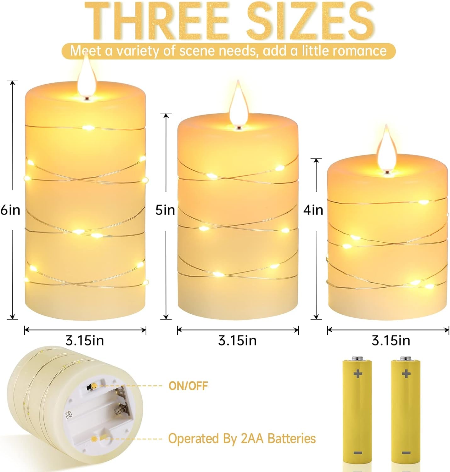Da by Flameless Candles with String Lights，Battery Operated Candles,Led Flickering Candles with Remote Control and Timer, Real Wax, 3 Pack-Ivory