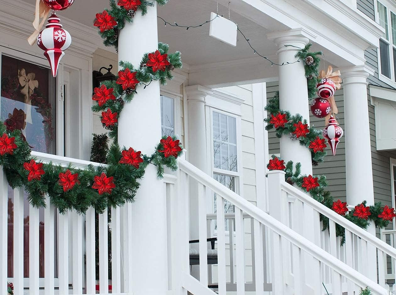 RECUTMS 10 Pcs Christmas Glitter Artificial Poinsettia Flowers 6 Inch Christmas Wreath Christmas Tree Flowers Ornaments Holiday Seasonal Decorations for Xmas New Year Wedding Party(Red)