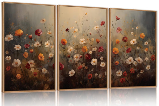 KAIRNE Vintage Wildflower Wall Art Set of 3, Boho Watercolor Botanical Framed Canvas Prints, Rustic Colorful Floral Decor for Living Room, Bedroom, Farmhouse 16x24 inch