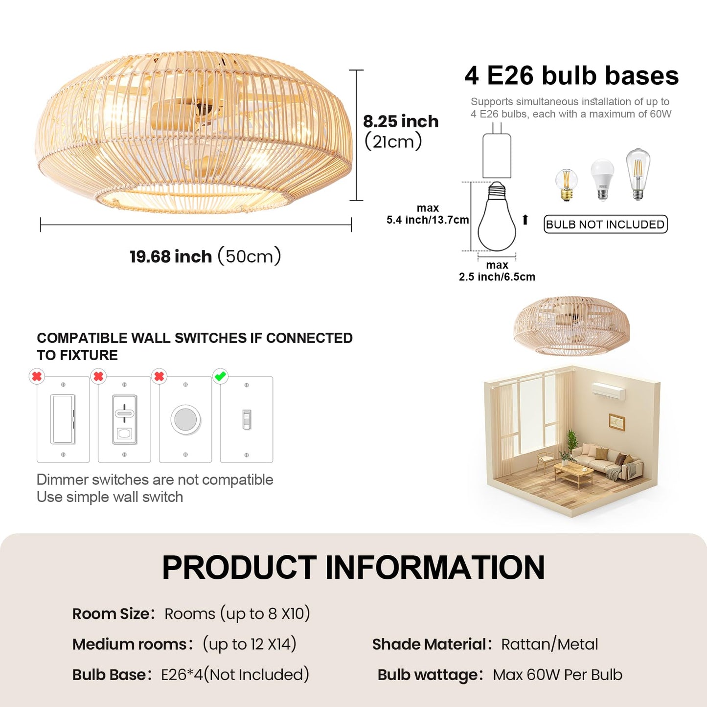 Boho Rattan Ceiling Fan with Light