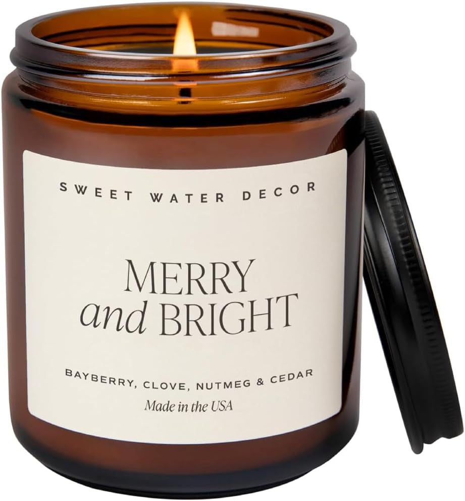 Sweet Water Decor Merry and Bright Candle - Bayberry, Fir, Nutmeg, and Clove Winter Non Toxic Christmas Scented Soy Candles for Home - 9Oz Amber Jar, 40 Hour Burn Time, Made in the USA