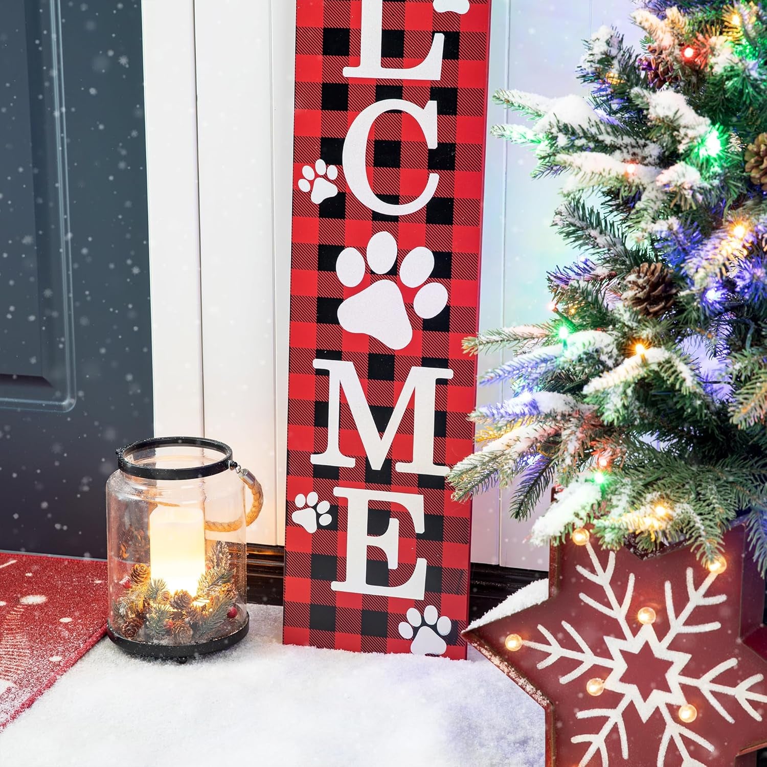 Glitzhome Wooden Welcome Sign with Plaid Pet Paw for Porch, Rustic Farmhouse Style Hanging Vertical Welcome Sign, Red, 42'H, 8'L X 0.5'W