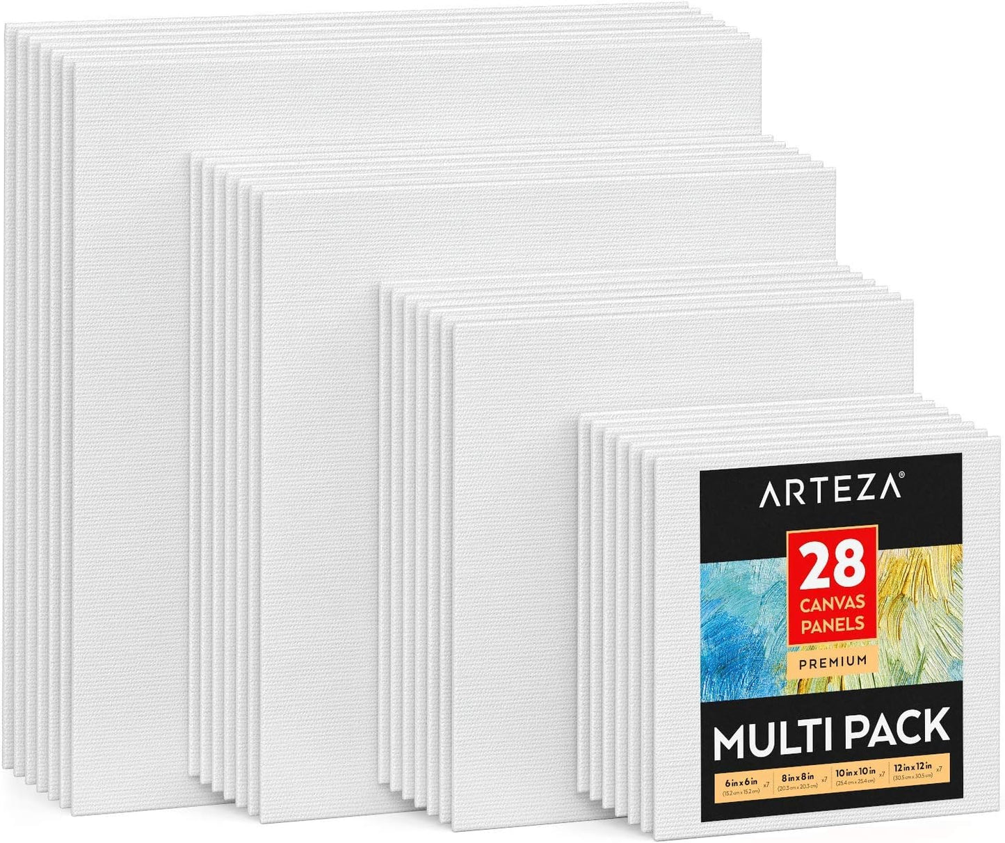 ARTEZA Premium Canvas Boards for Painting, 5 X 7, 8 X 10, 9 X 12, 11 X 14 Inches, Multipack of 28, White Canvas for Acrylic, Oil and Gouache Painting