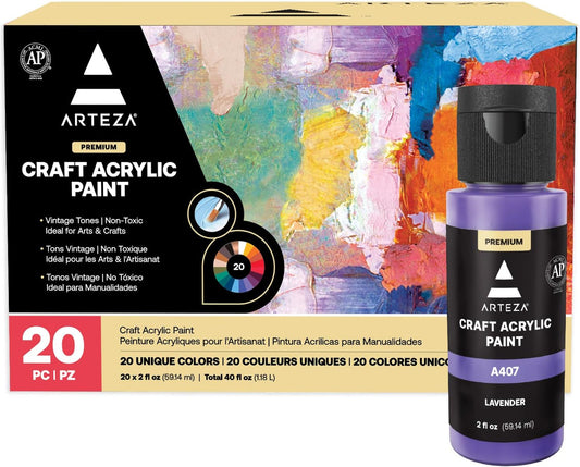 ARTEZA Craft Acrylic Paint Set, Set of 20 Vintage Tones Acrylic Craft Paint, Artist Paints Art Supplies for Glass, Wood, Ceramics, Fabrics, Leather