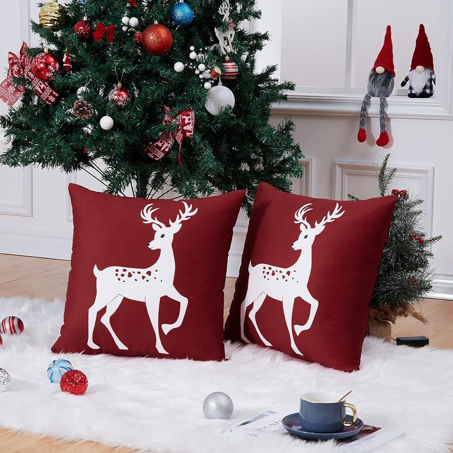 CAROMIO Christmas Decorations Pillow Covers 18 X18 Inch Set of 2 Farmhouse Christmas Decor for Bedroom, Deer Rustic Xmas Pillow Case Winter Holiday Decorations Throw Cushion Case for Home Couch, Pink