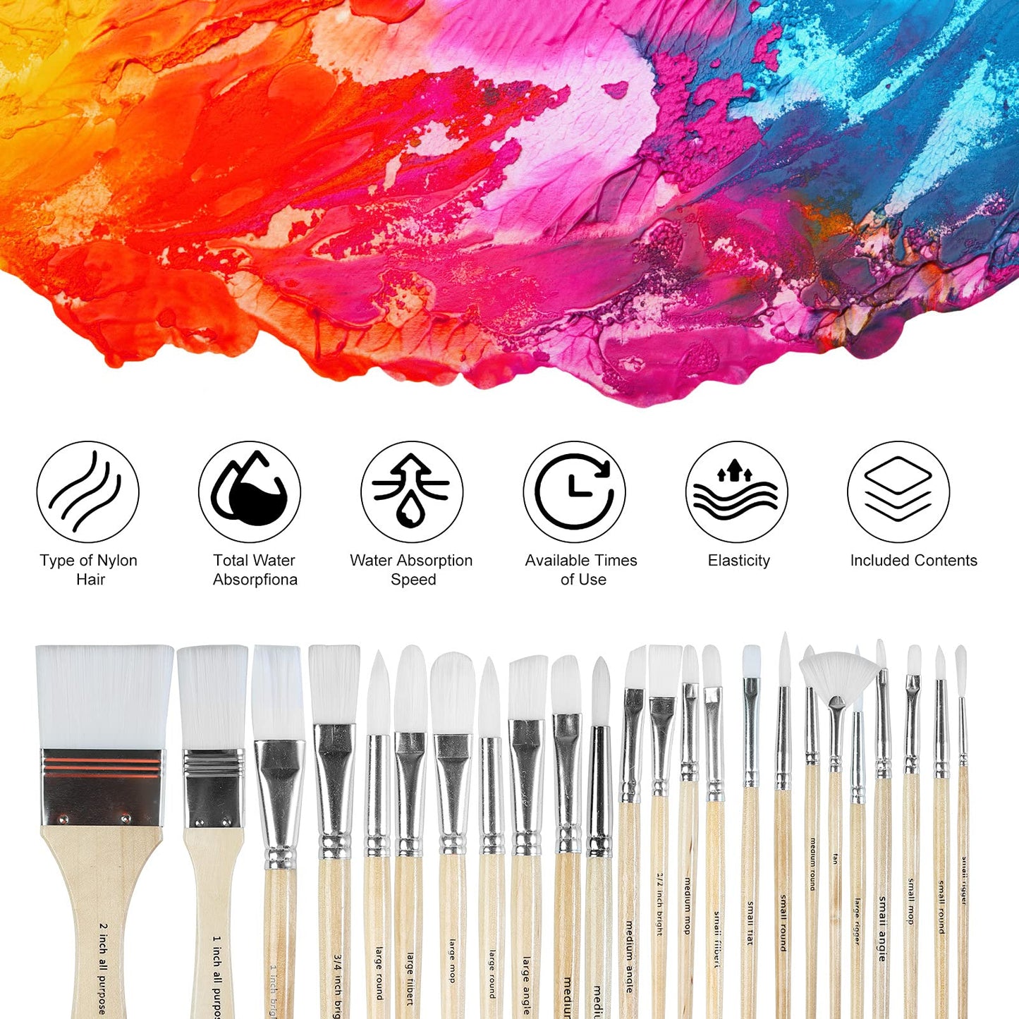 Paint Brushes Set of 24 Pieces Wooden Handles