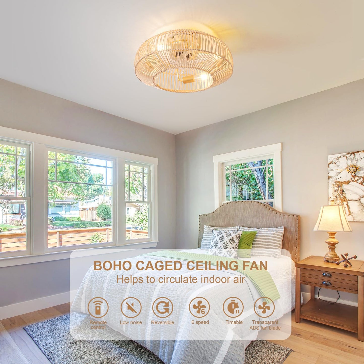 Boho Rattan Ceiling Fan with Light