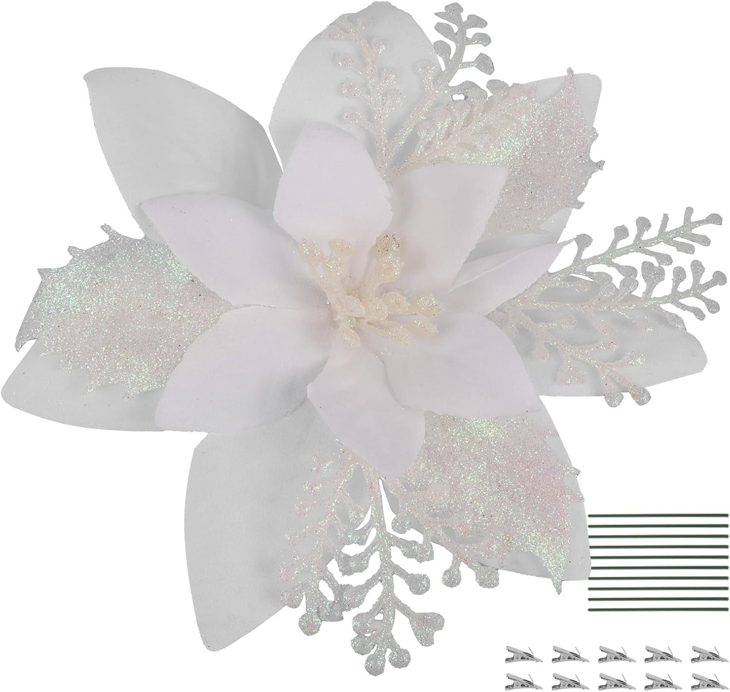 RECUTMS 10 Pcs Christmas Glitter Artificial Poinsettia Flowers 6 Inch Christmas Wreath Christmas Tree Flowers Ornaments Holiday Seasonal Decorations for Xmas New Year Wedding Party(Red)