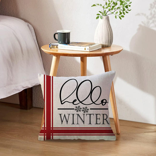 ULOVE LOVE YOURSELF Hello Winter Throw Pillow Covers 20X20 Inches with Snowflakes Farmhouse Winter Holiday Decorative Christmas Pillow Cover for Sofa/Couch/Porch