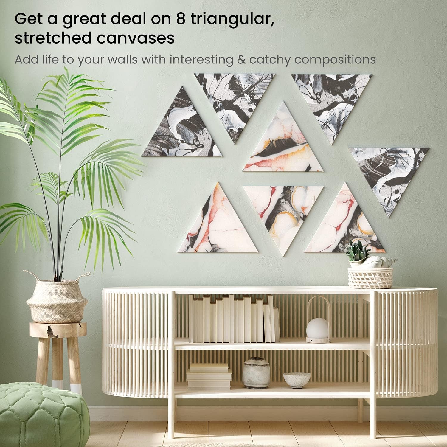 ARTEZA Triangle Stretched Canvas 14 Inch Side Pack of 8 – Blank White Cotton Canvases for Acrylic, Oil, Gouache Painting – Pre-Primed on Wood Frame