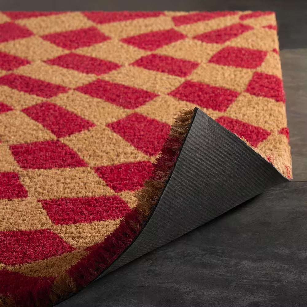 Checkerboard Emmett Red 18 In. X 30 In. Coir Groovy Outdoor Mat