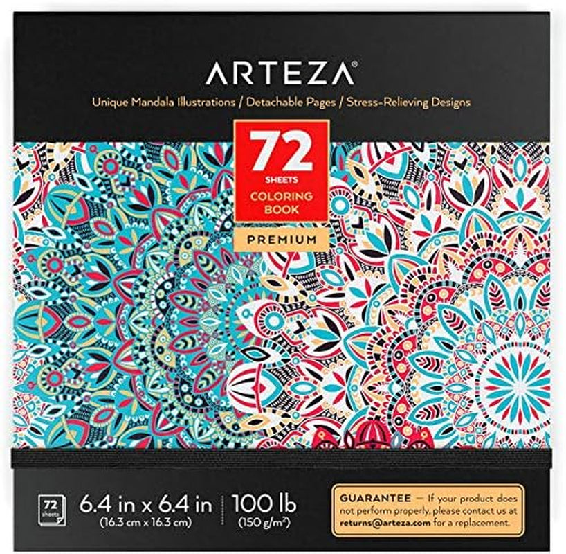 ARTEZA Adult Coloring Books, Floral & Mandala Designs, Pack of 2, 72 Sheets Each, 6.4X6.4 Inches Coloring Pages, 100 Lb Paper