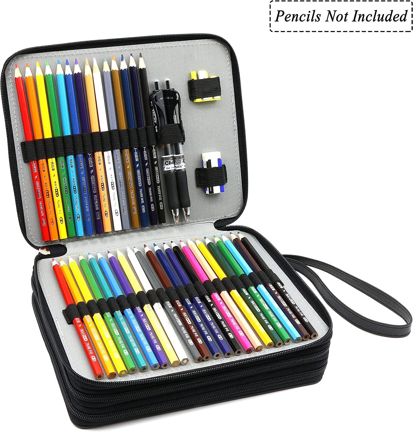 YOUSHARES 120 Slots Pencil Case - PU Leather Handy Multi-Layer Large Zipper Pen Bag with Handle Strap for Prismacolor Watercolor Pencils, Crayola Colored Pencils, Marco Pens and Makeup Brush (Black)