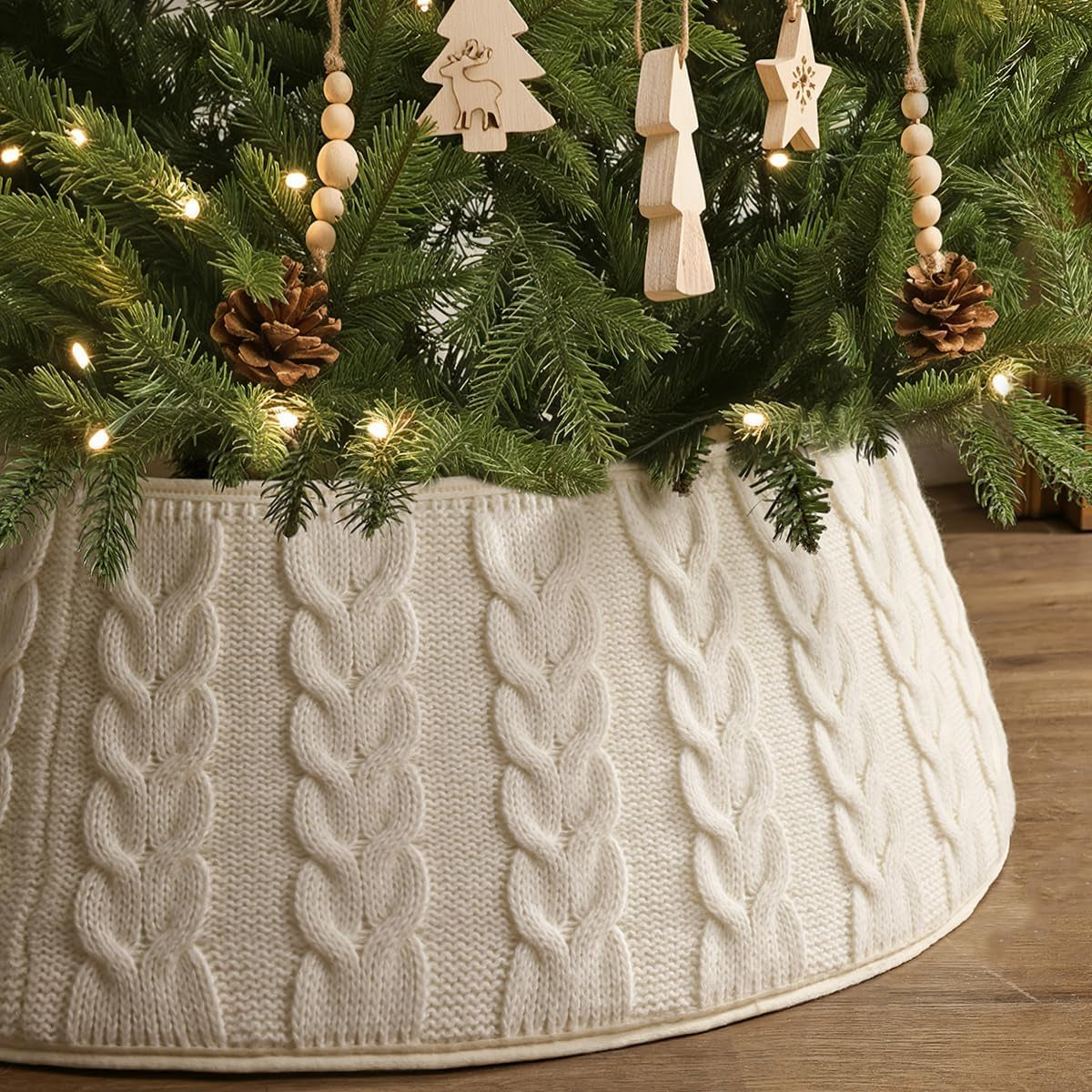 Cream White Knitted Christmas Tree Collar - Rustic Boho Base Cover Decor