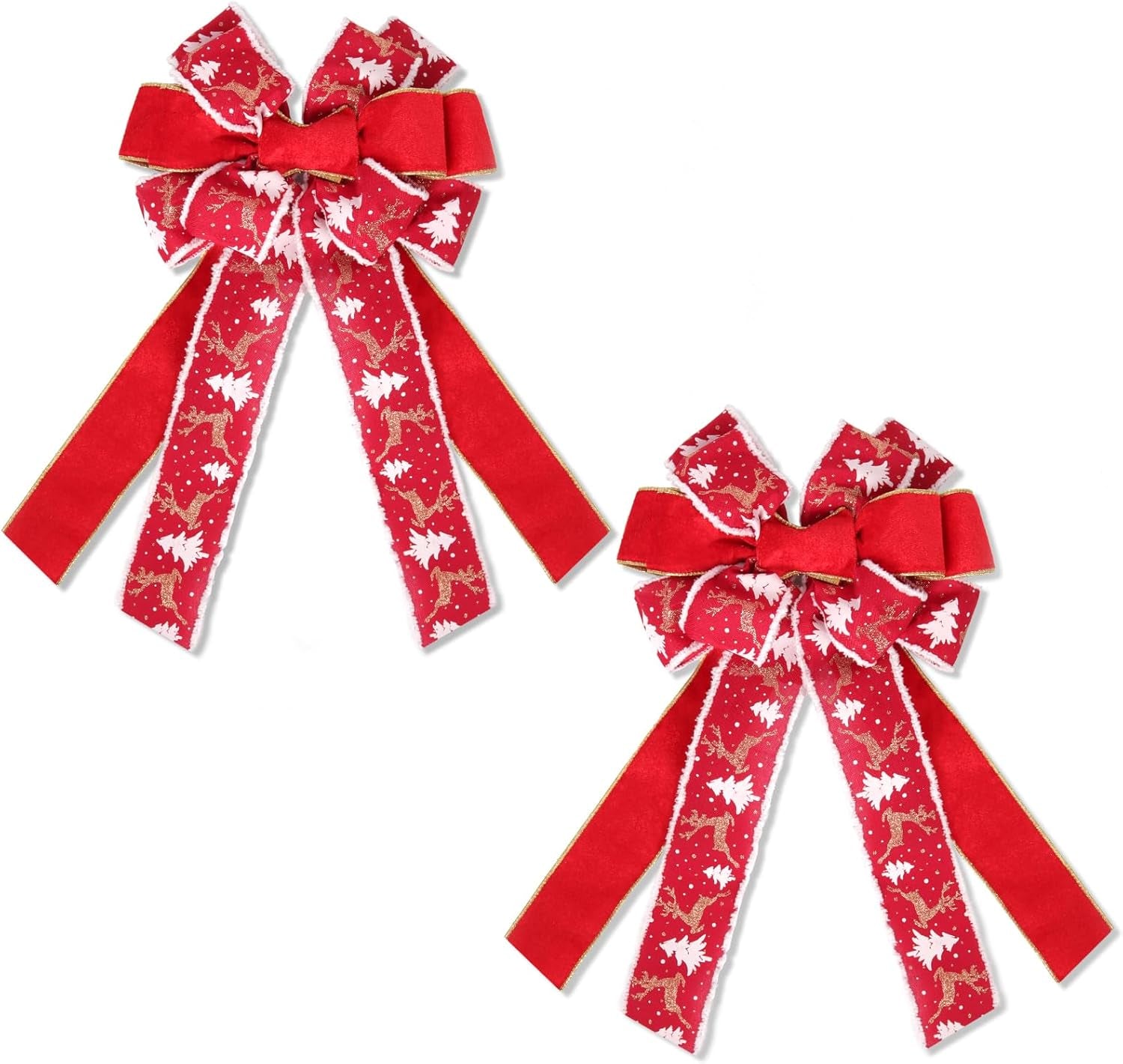 RECUTMS 2 Pieces Red Christmas Bows Tree Topper Burlap Bows with Xmas Bell Pattern Small Two-Tier Christmas Wreath Bow for Xmas Parties Front Door Home Indoor Outdoor Holiday Decorations