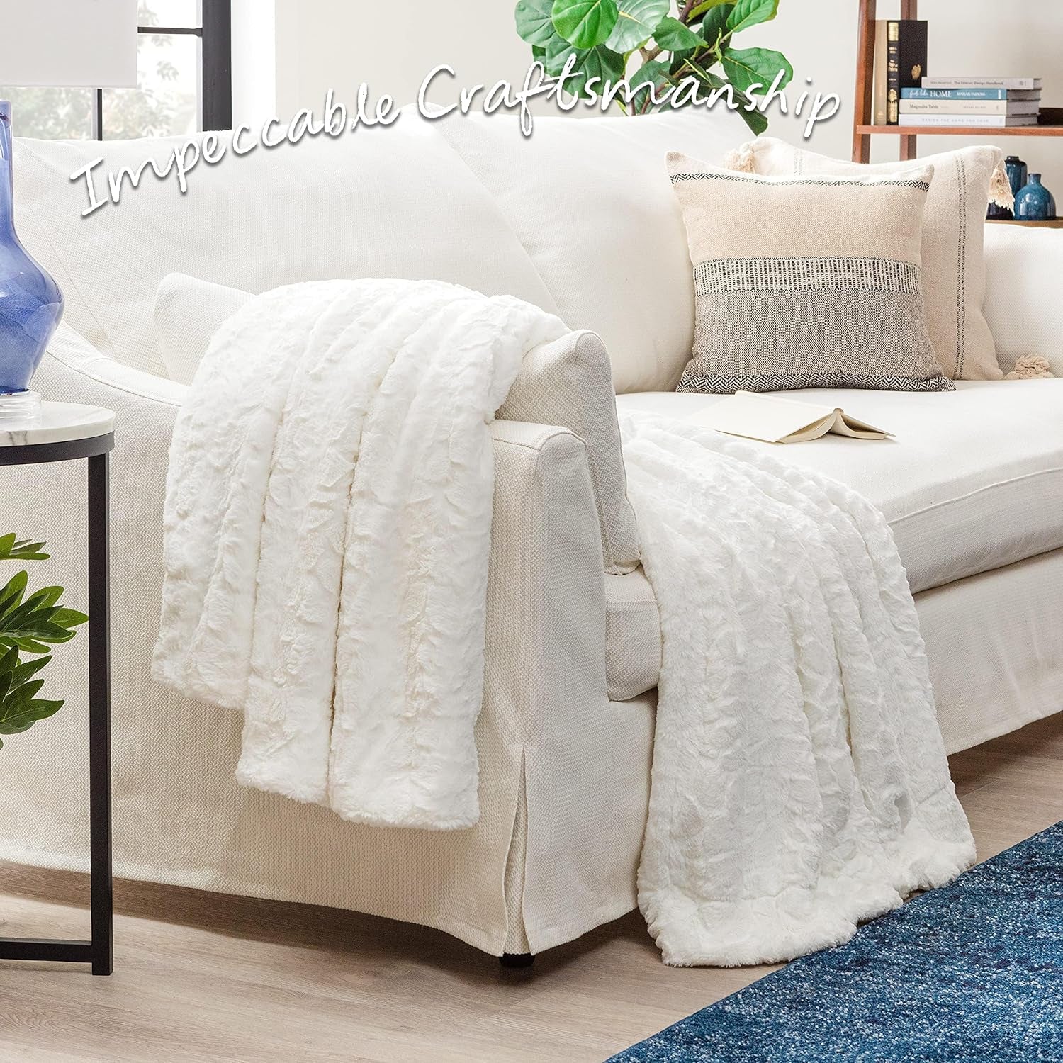 Chanasya Premium Wolf Faux Fur Throw Blanket - Soft, Fuzzy Sherpa & Minky Throw Blanket - for Bed or Couch - 60" X 70” - White