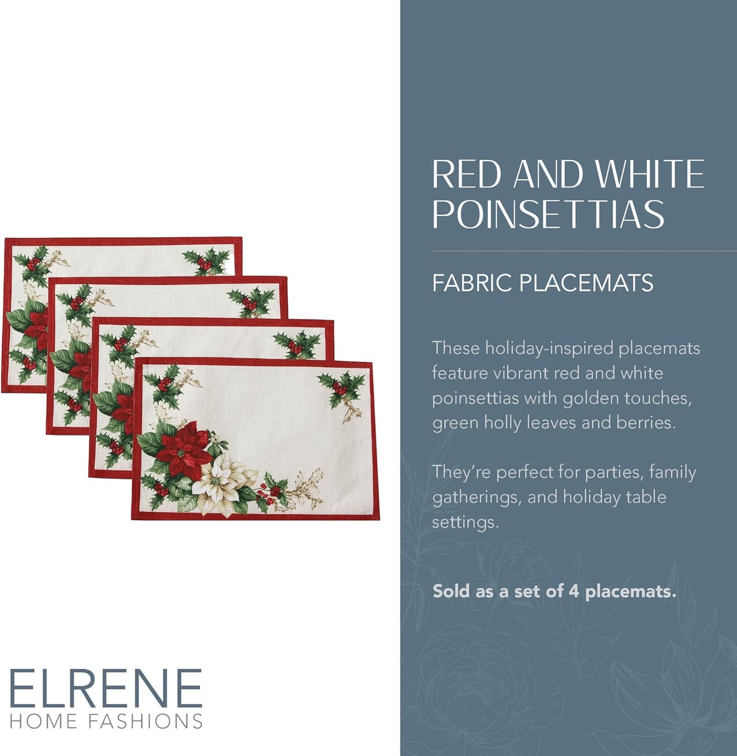 Elrene Home Fashions Red and White Poinsettia Holiday Fabric Placemats, Christmas Mats for Table Decor, 13 Inches X 19 Inches, Set of 4