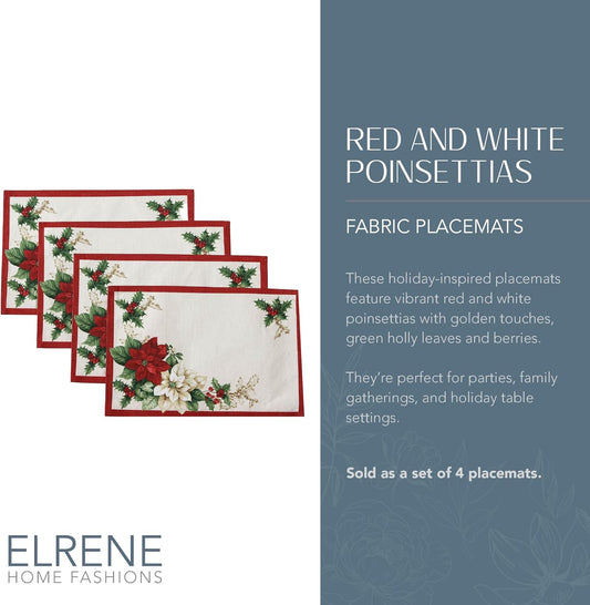 Elrene Home Fashions Red and White Poinsettia Holiday Fabric Placemats, Christmas Mats for Table Decor, 13 Inches X 19 Inches, Set of 4