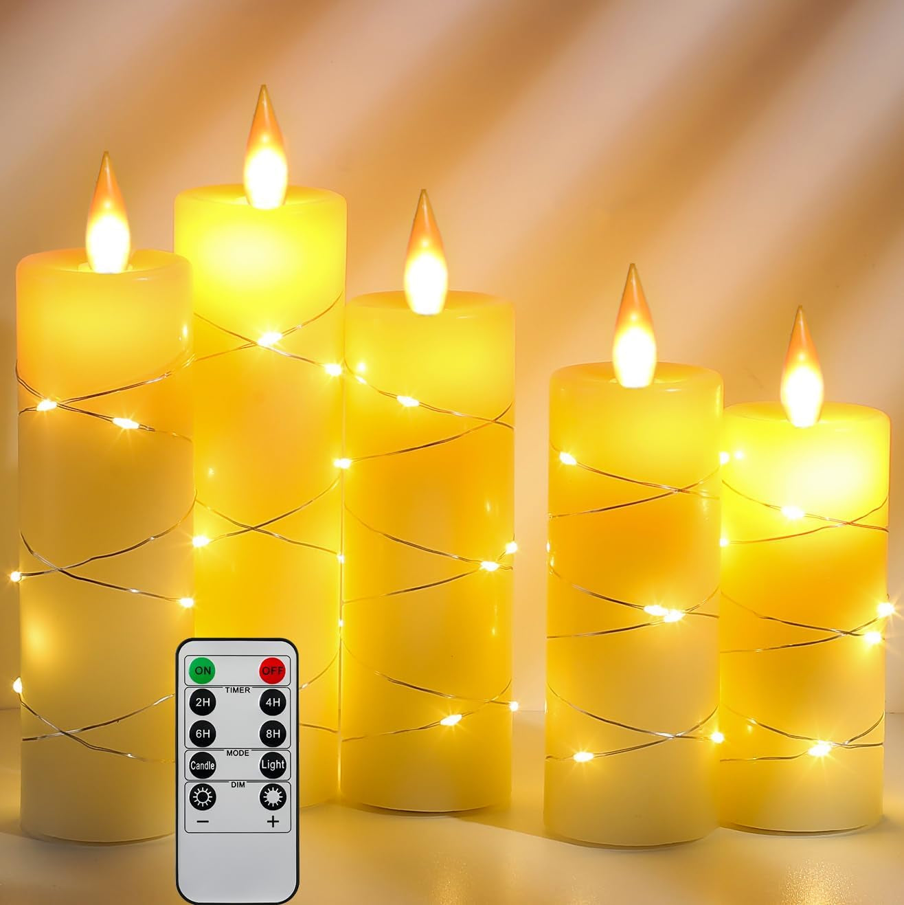 Da by Flameless Candles with String Lights，Battery Operated Candles,Led Flickering Candles with Remote Control and Timer, Real Wax, 3 Pack-Ivory