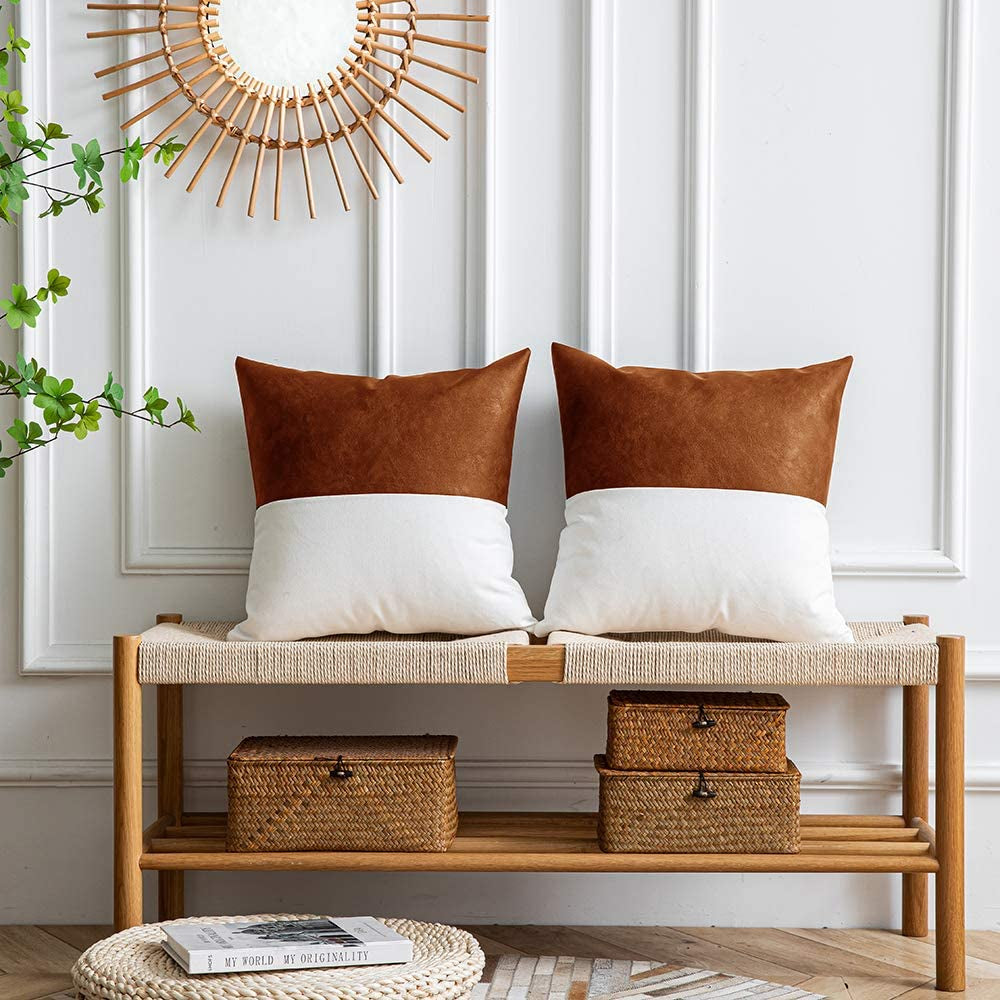 DEZENE Leather Throw Pillow Covers, Set of 2 Modern Leather/Cotton Decorative Pillowcases for Home Decor Bedroom Living Room Couch Bed Sofa, 18X18 Inch, Cognac-Brown and White
