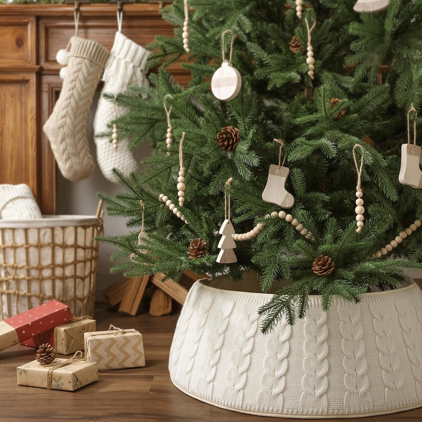 Cream White Knitted Christmas Tree Collar - Rustic Boho Base Cover Decor