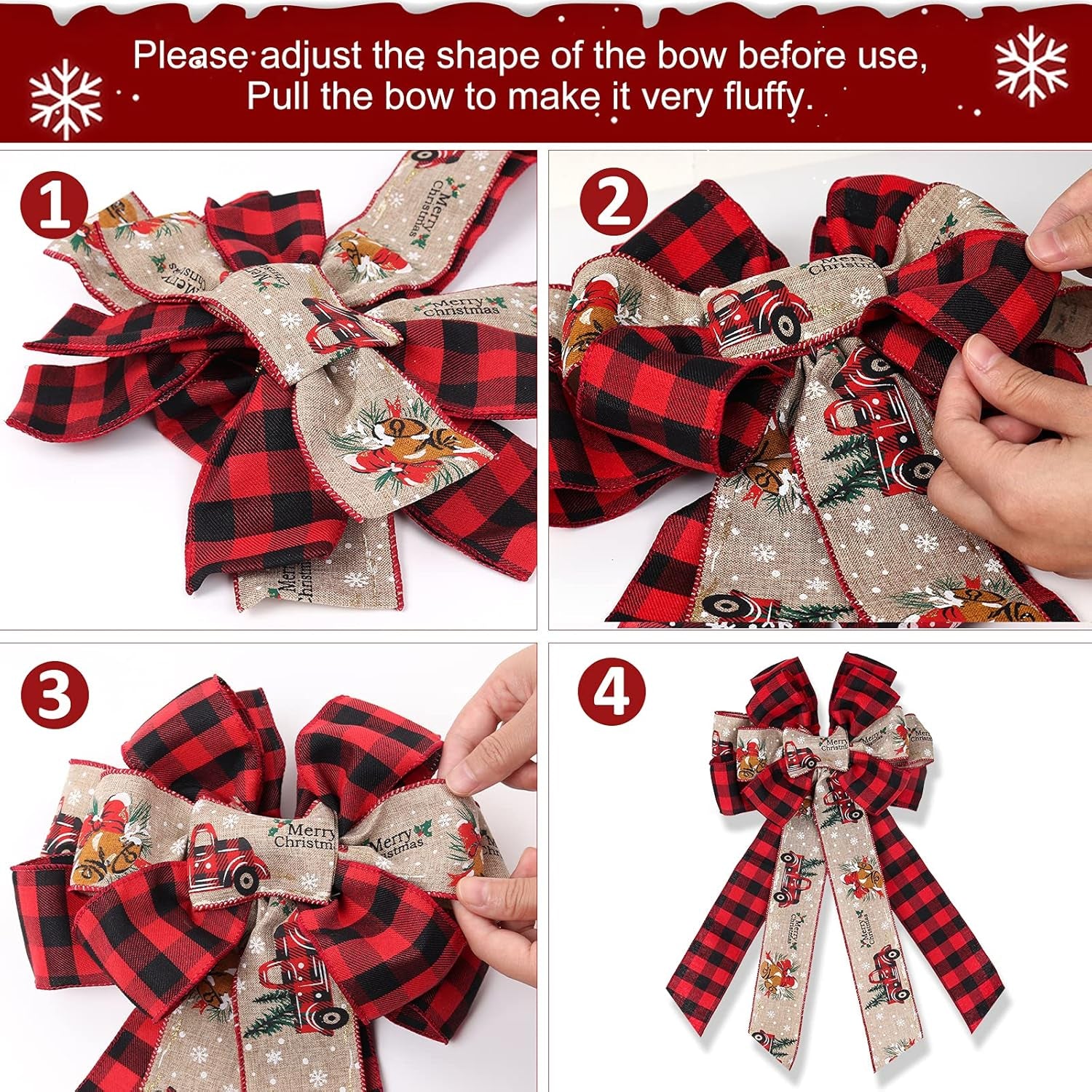 RECUTMS 2 Pieces Red Christmas Bows Tree Topper Burlap Bows with Xmas Bell Pattern Small Two-Tier Christmas Wreath Bow for Xmas Parties Front Door Home Indoor Outdoor Holiday Decorations