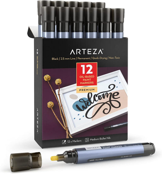 ARTEZA Oil Based Paint Markers, 12-Pack, Black, 2.5 Mm Permanent Pens, Waterproof Craft and Art Supplies for Stone, Wood, Glass, Metal, Canvas, Paper