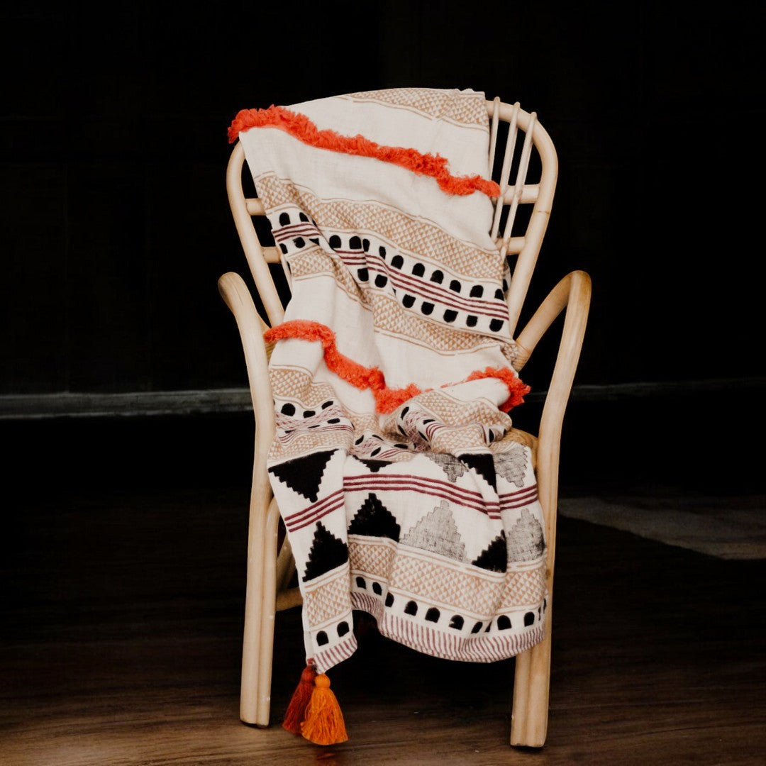 Multicolored Cotton Boho Throw Blanket with Tassels and Fringes