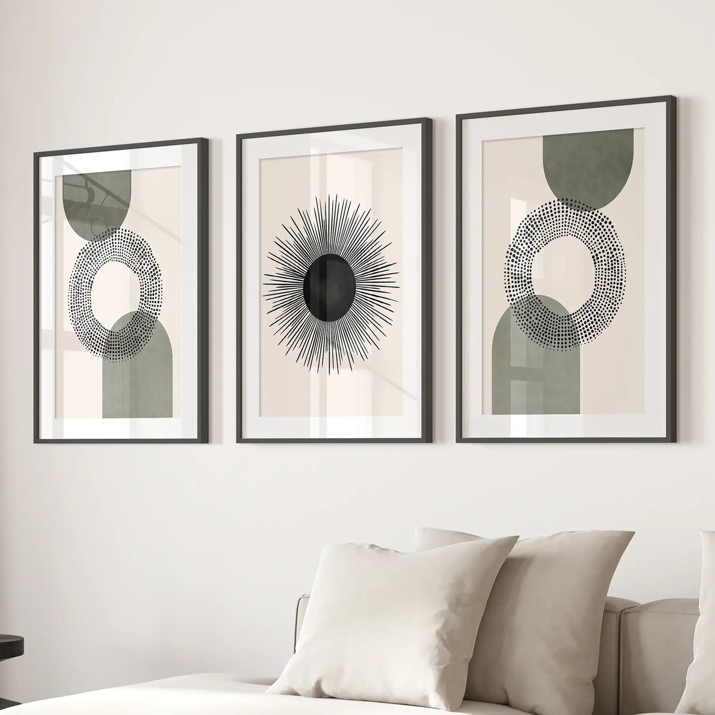 Set of 3 Boho Prints. Sage Green Modern Mid Century Wall Art.