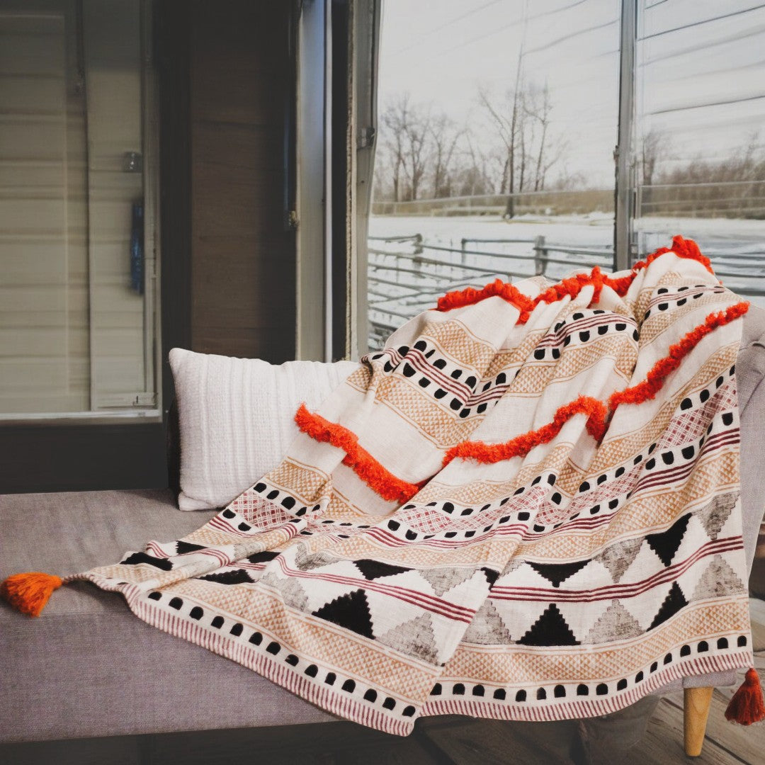 Multicolored Cotton Boho Throw Blanket with Tassels and Fringes