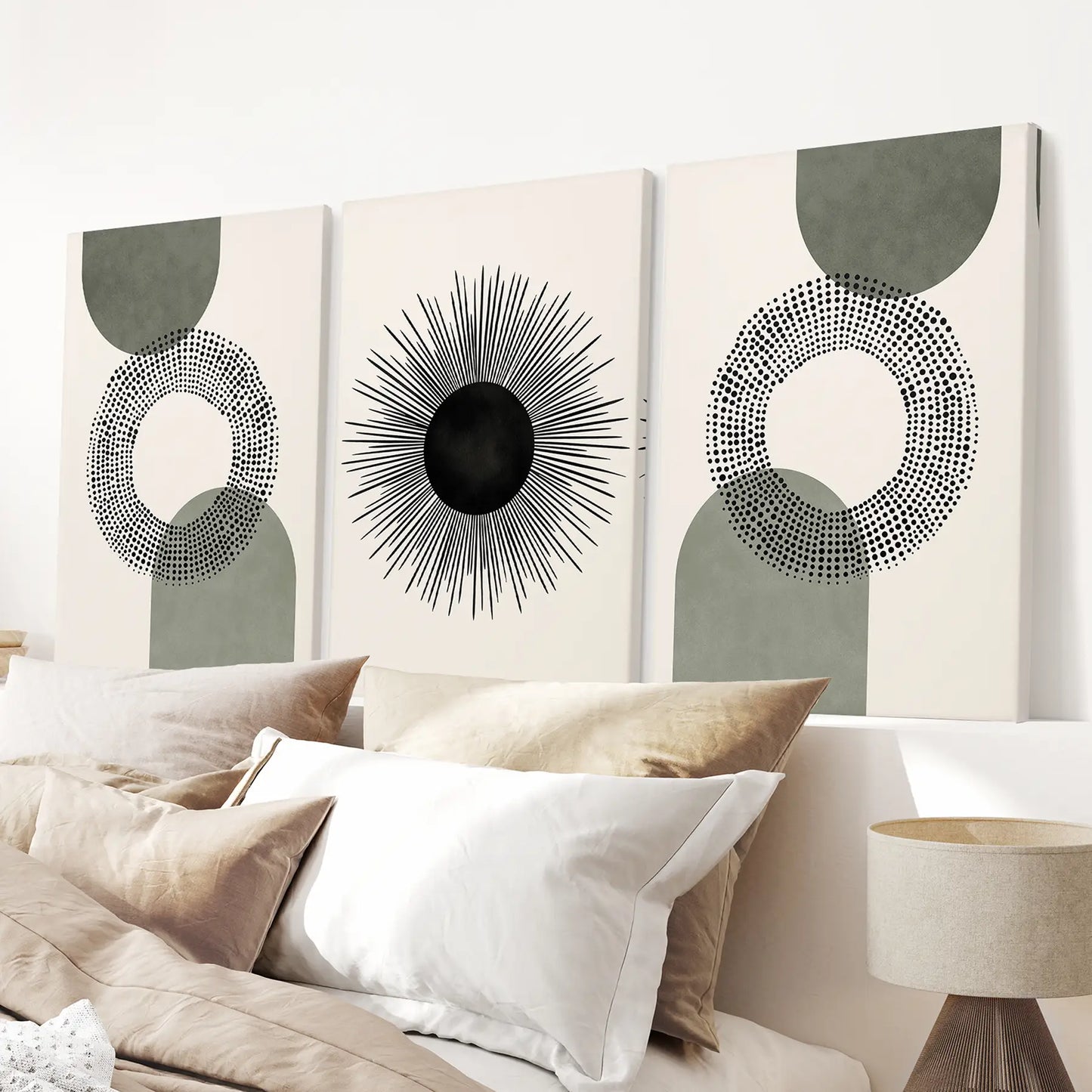 Set of 3 Boho Prints. Sage Green Modern Mid Century Wall Art.