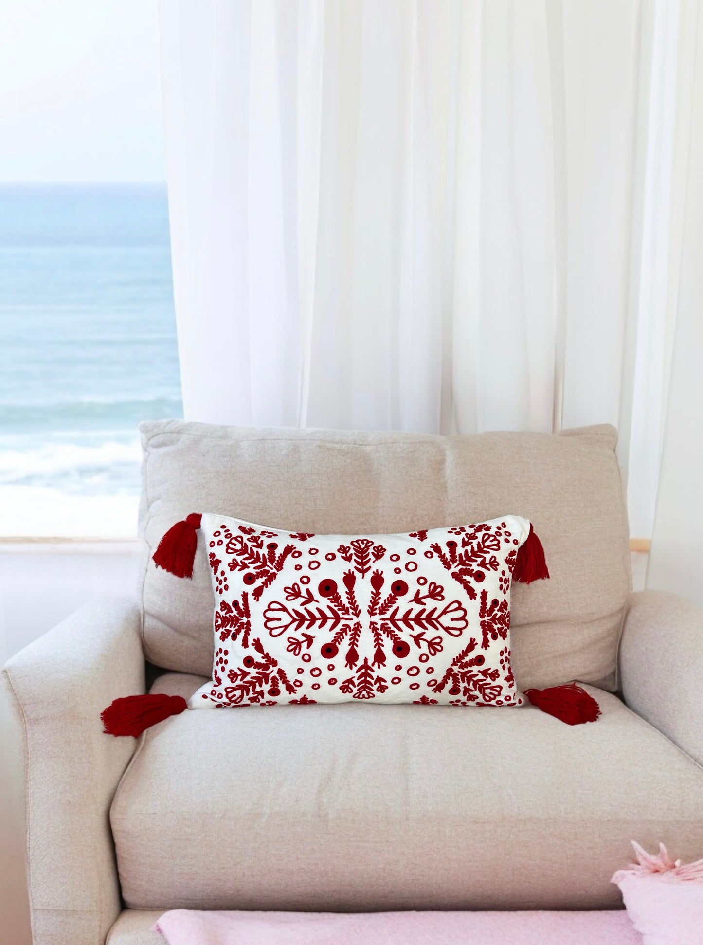 Red & White Embroidered Throw Pillow with Tassels  Handcrafted Elegance for Your Home