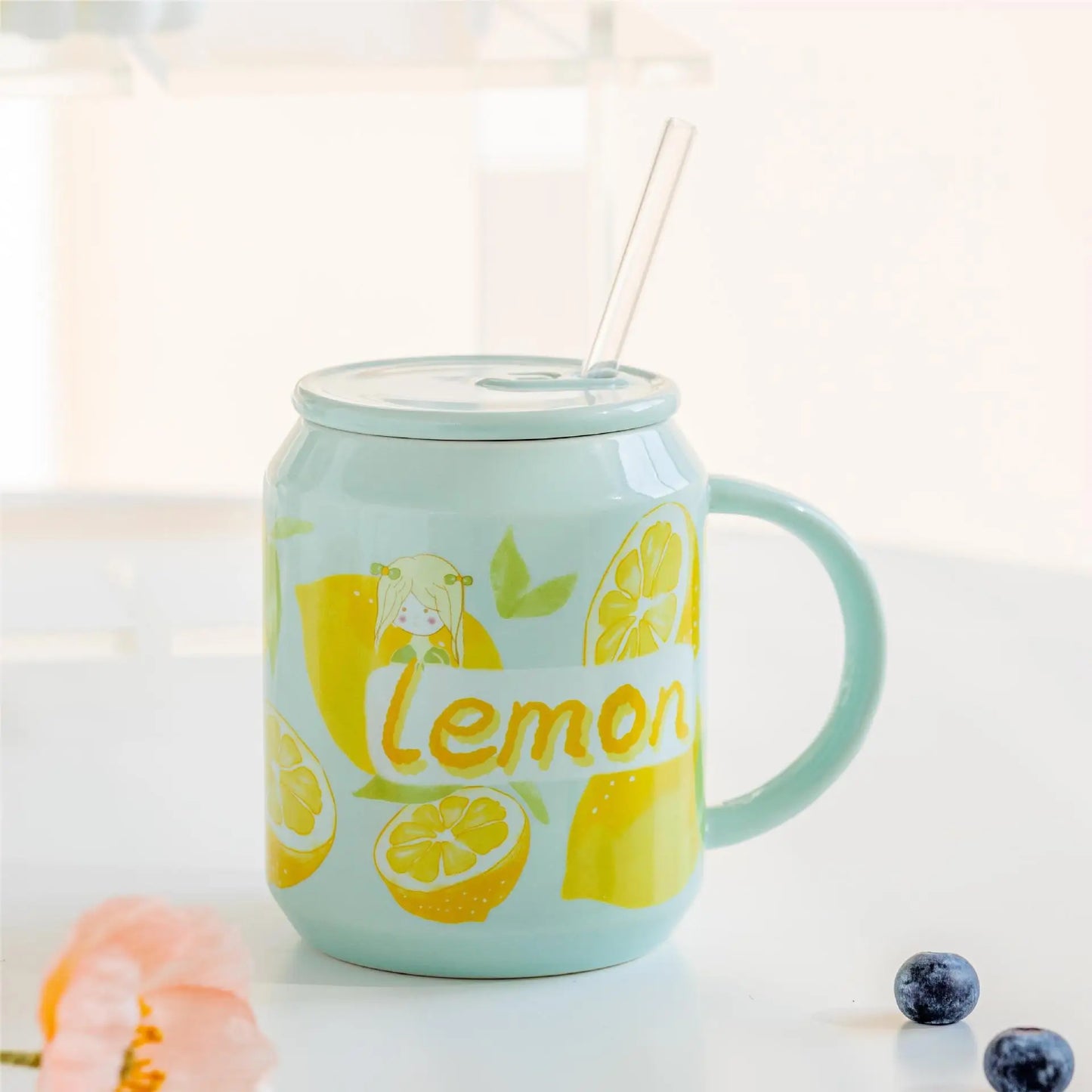 Fruit Ceramic Mug with Lid and Straw