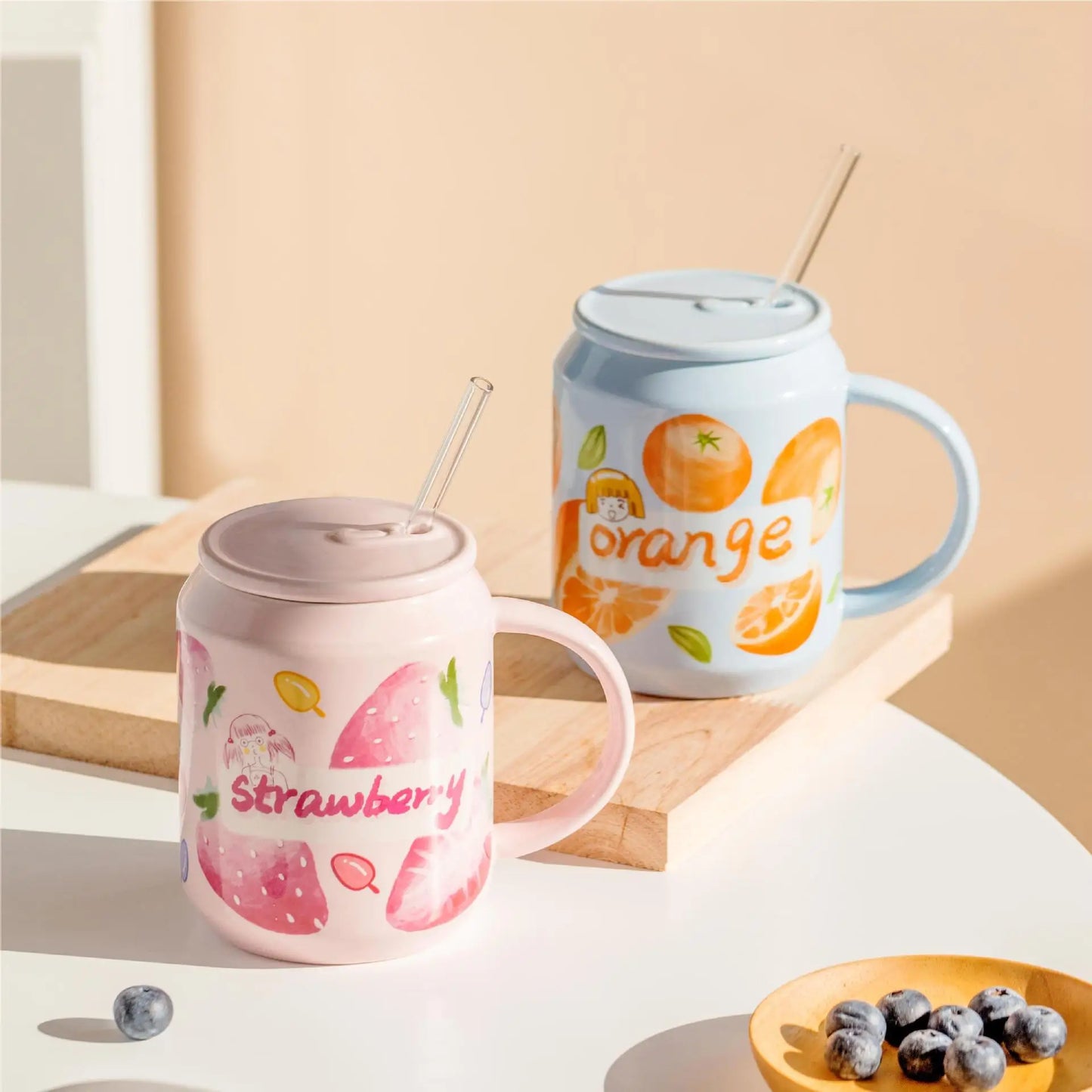 Fruit Ceramic Mug with Lid and Straw