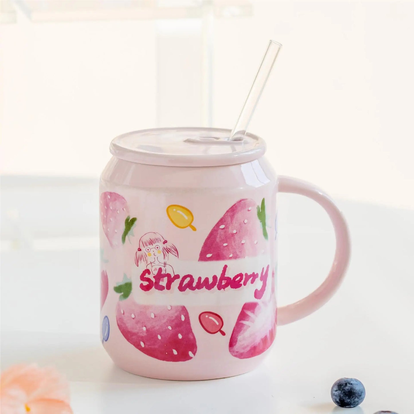 Fruit Ceramic Mug with Lid and Straw