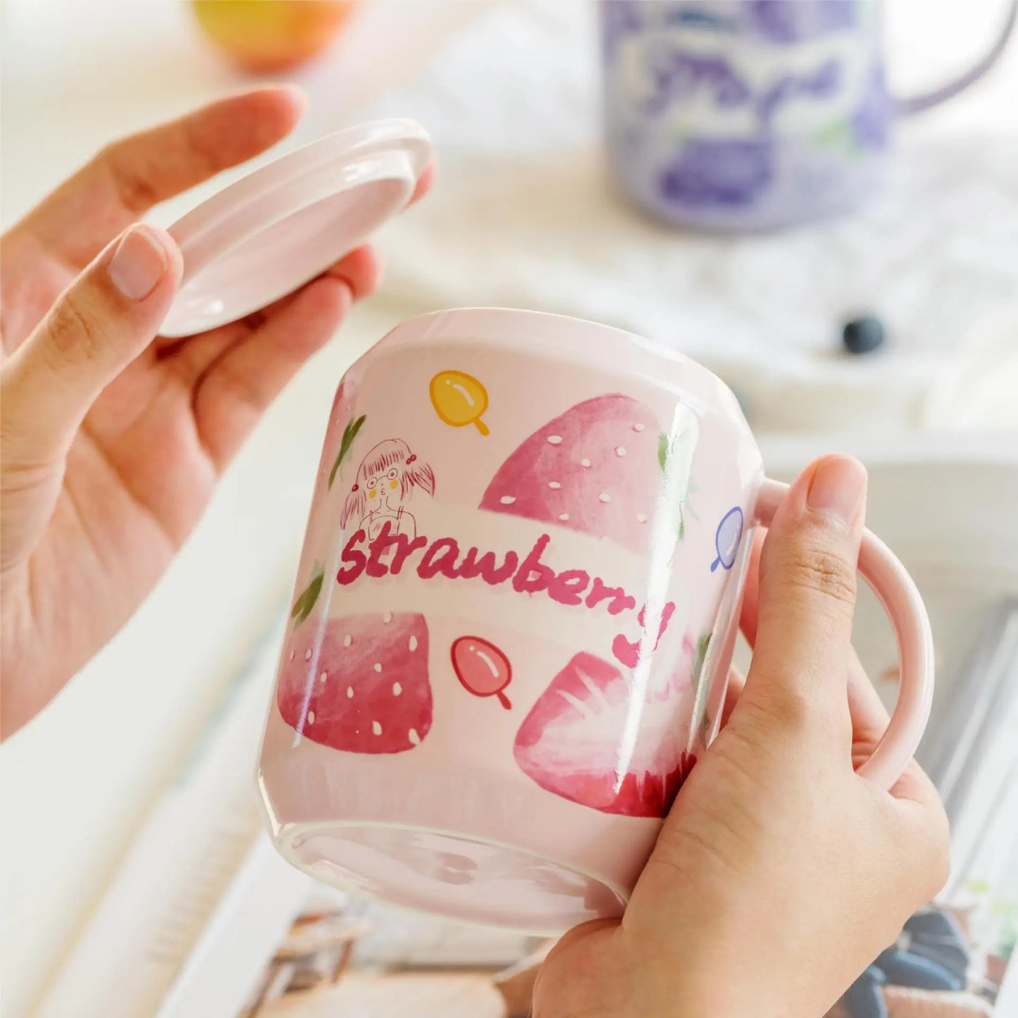Fruit Ceramic Mug with Lid and Straw