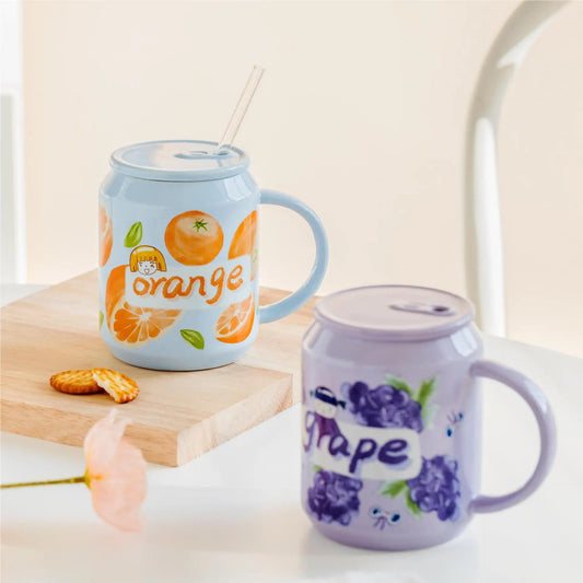 Fruit Ceramic Mug with Lid and Straw