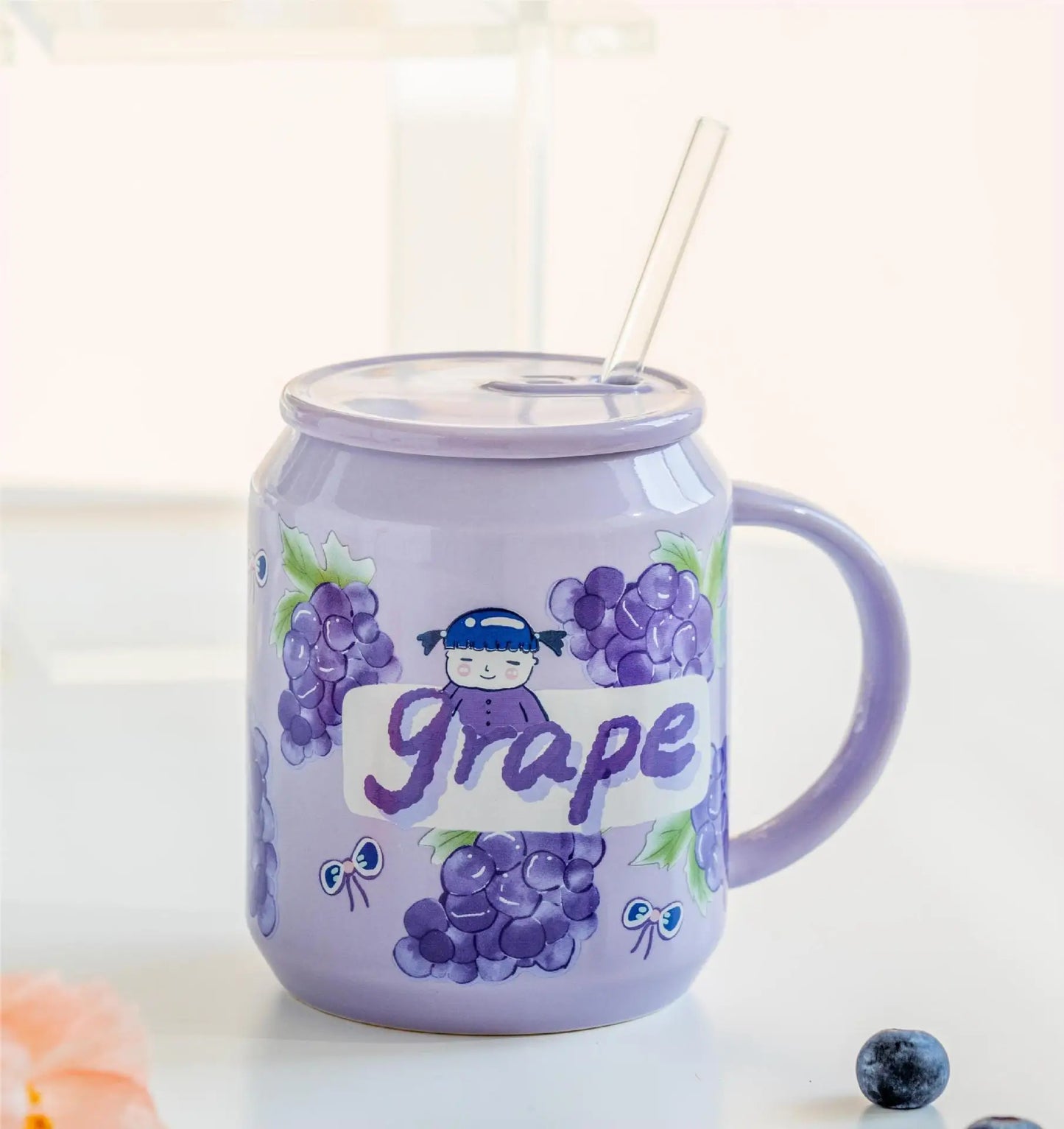 Fruit Ceramic Mug with Lid and Straw