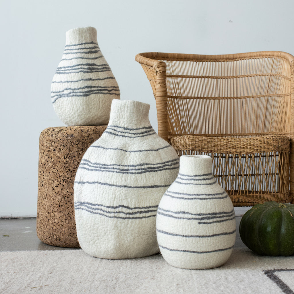 Tribal Lines Hand-Felted Wool Natural White Gourd Basket