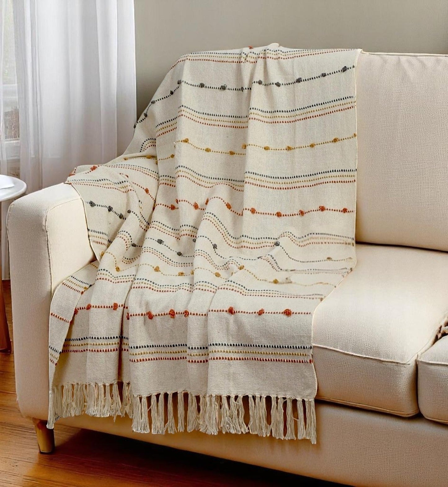 Hand Woven Cream Throw Blanket Striped with Tufts and Tassels